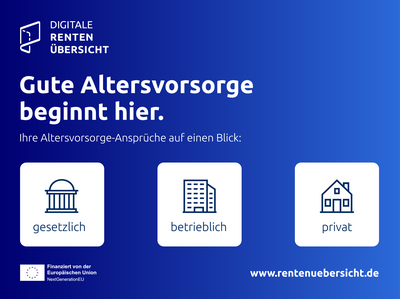 Das Bild zeigt ein Werbeplakat der Deutschen Rentenversicherung, die ihr Angebot bewirbt. Sie können bei der Deutschen Rentenversicherung ihre gesetzliche, betrieblichen und privaten Versicherungsansprüche digital abrufen. Der Link zum Angebot lautet www.rentenübersicht.de